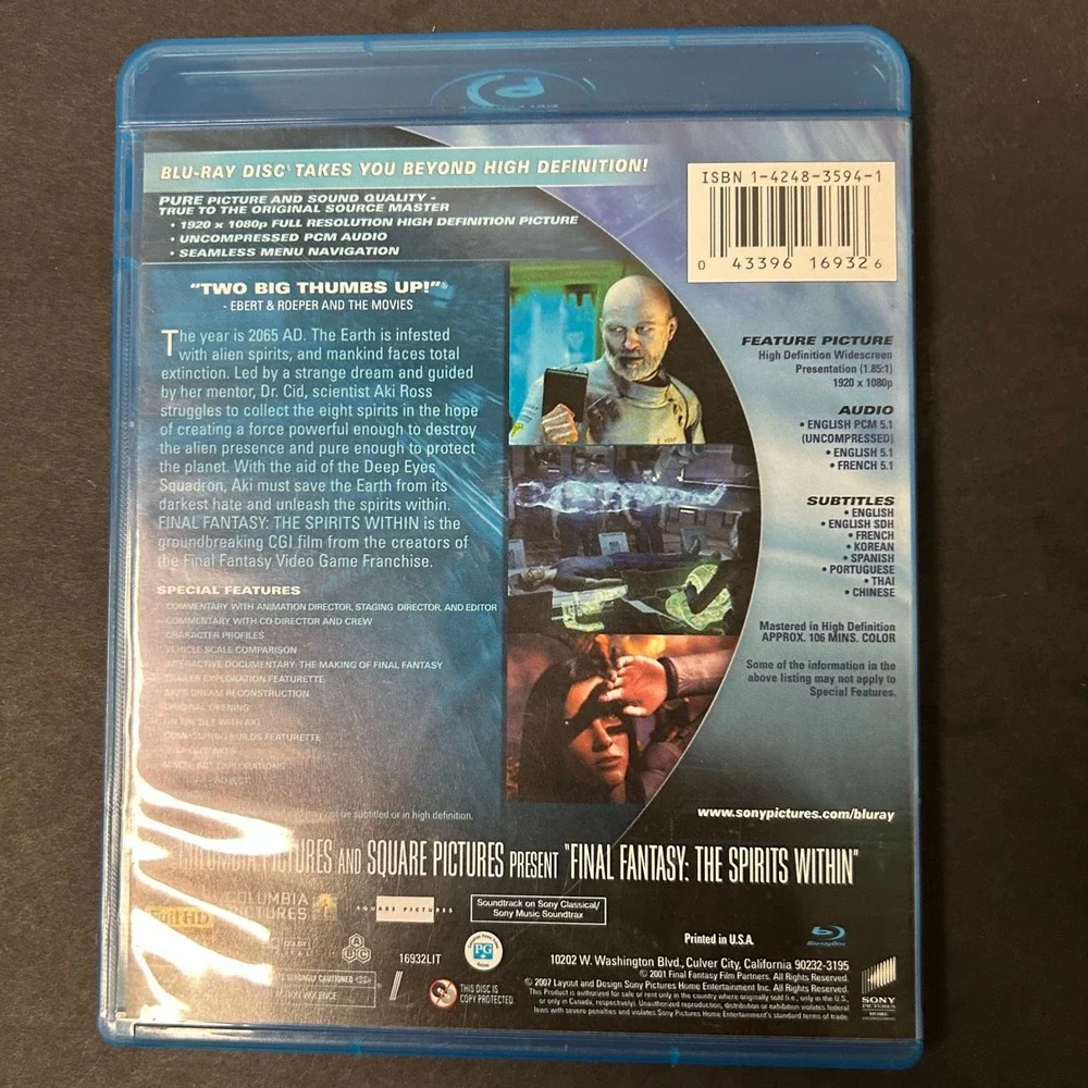 Sony Final Fantasy The Spirits Within Blu-ray Movie Blue Good CGI Sci-Fi Film